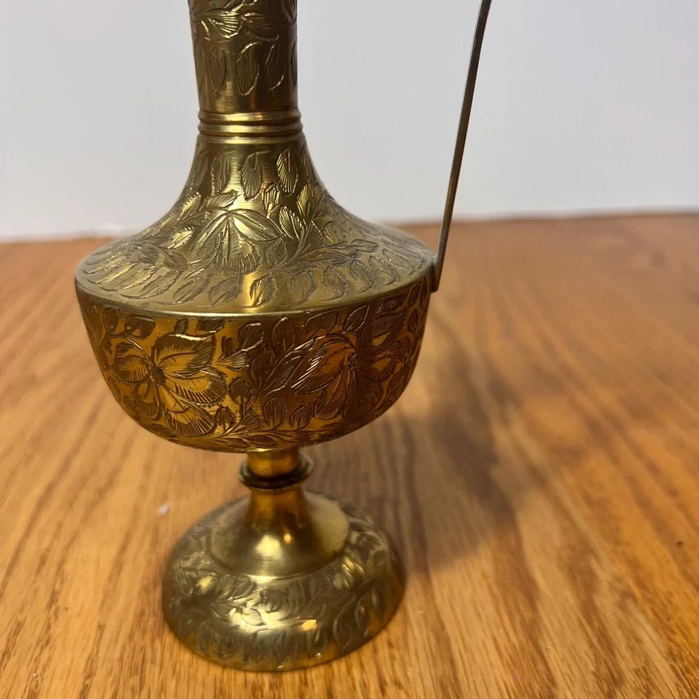 Vintage Engraved Brass Ewer Pitcher Vase Ornate Floral Etched Pedestal Decor